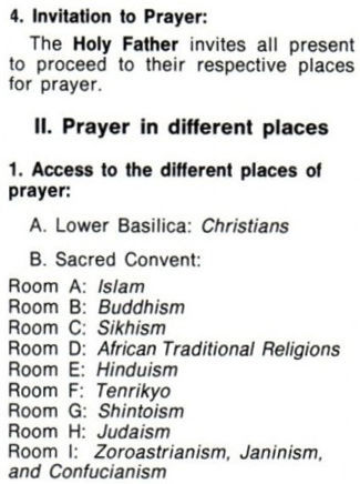<strong>4. Invitation de prière :</strong> Le <strong>Saint Père</strong> invite tous les participants à leur place respective pour la prière. <strong>II. Prière aux différents lieux</strong>. <strong>1. Accès aux différents lieux de prière.</strong> A. Basilique inférieure : chrétiens. B. Couvent sacré : Salle A : islam. Salle B : Bouddhisme. Salle C : sikhisme. Salle D : religions africaines traditionnelles. Salle E : hinduisme. Salle F : Tenrikyo. Salle G : shintoïsme. Salle H : judaïsme. Salle I : zoroastrisme, jaïnisme, confucianisme