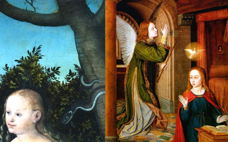 Eva communique avec un ange déchu (le serpent). Mary communique avec un bon ange (Gabriel)